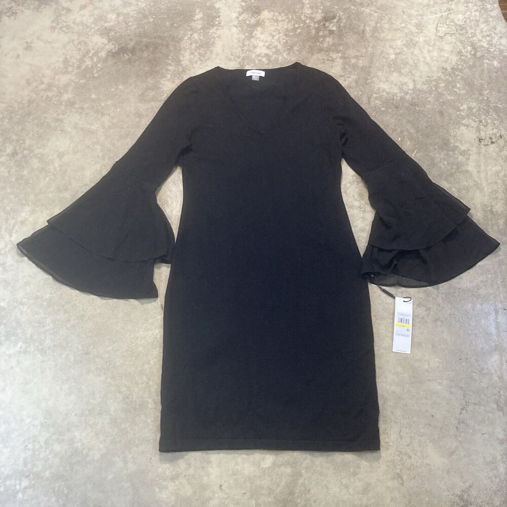 Calvin Klein Dress Womens Medium Black‎ V Neck Bell Sleeve Flowy Classic